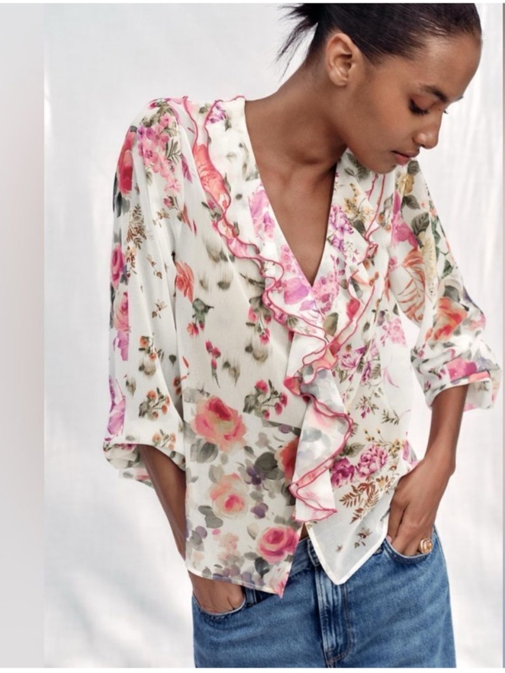 Zara Floral Ruffle V-Neck Blouse - White with Pink and Green